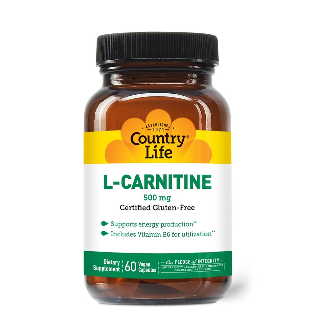 Country Life L-Carnitine 500mg – 60 Vegan Capsules | Supports Energy Production & Fat Metabolism | Includes Vitamin B6 for Utilization | Gluten-Free, Certified Vegan Amino Acid Supplement