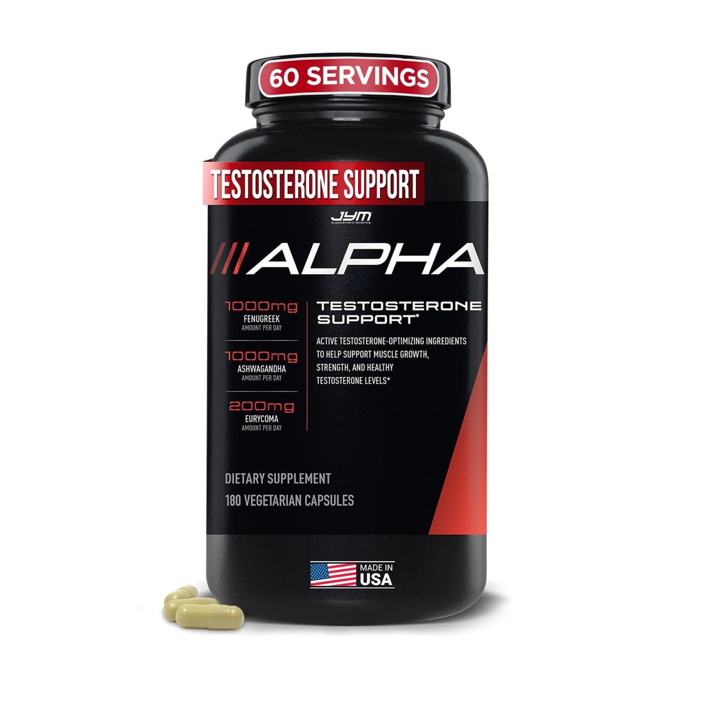 Alpha JYM Testosterone Support  Male Vitality, Hormone Optimization, Ashwagandha, Fenugreek, Eurycoma, Damiana, Quercetin, DIM ← JYM Supplemental Science  180 Vegetarian Capsules
