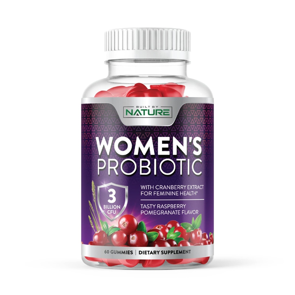 Construido por Probióticos Naturales para Mujeres Gummies 3 Billones CFU, 6 Strains Probióticos con Suplemento de Arándano, Digestivo, Inmune, Vaginal &amp; Urinary Health, Shelf Stable, 60 Gummy