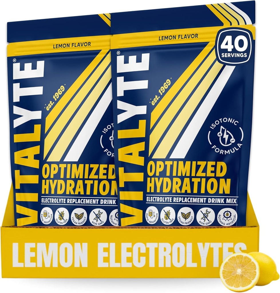 Vitalyte Electrolyte Powder Drink Mix, Isotonic Electrolyte Hydration Mix, Gluten Free Post Workout Powder Mix, Pack de 2, 35 oz. Cada uno, sabor limón
