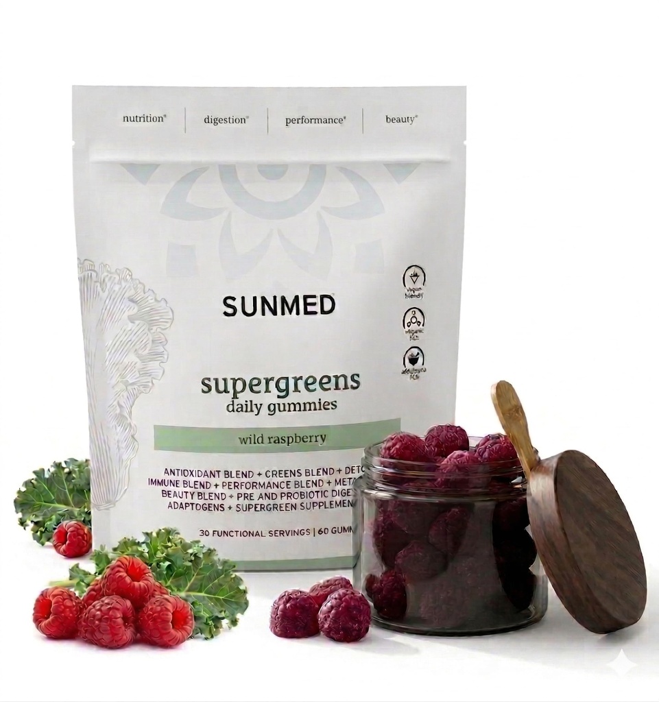 SUNMED Supergreens Daily Gummies – Wellness Blend with Ashwagandha, Green Tea, Spirulina, Probiotics, Antioxidants " Detox Support for Immunity, Gut, Skin " Brain Health ← Wild Raspberry, 60ct