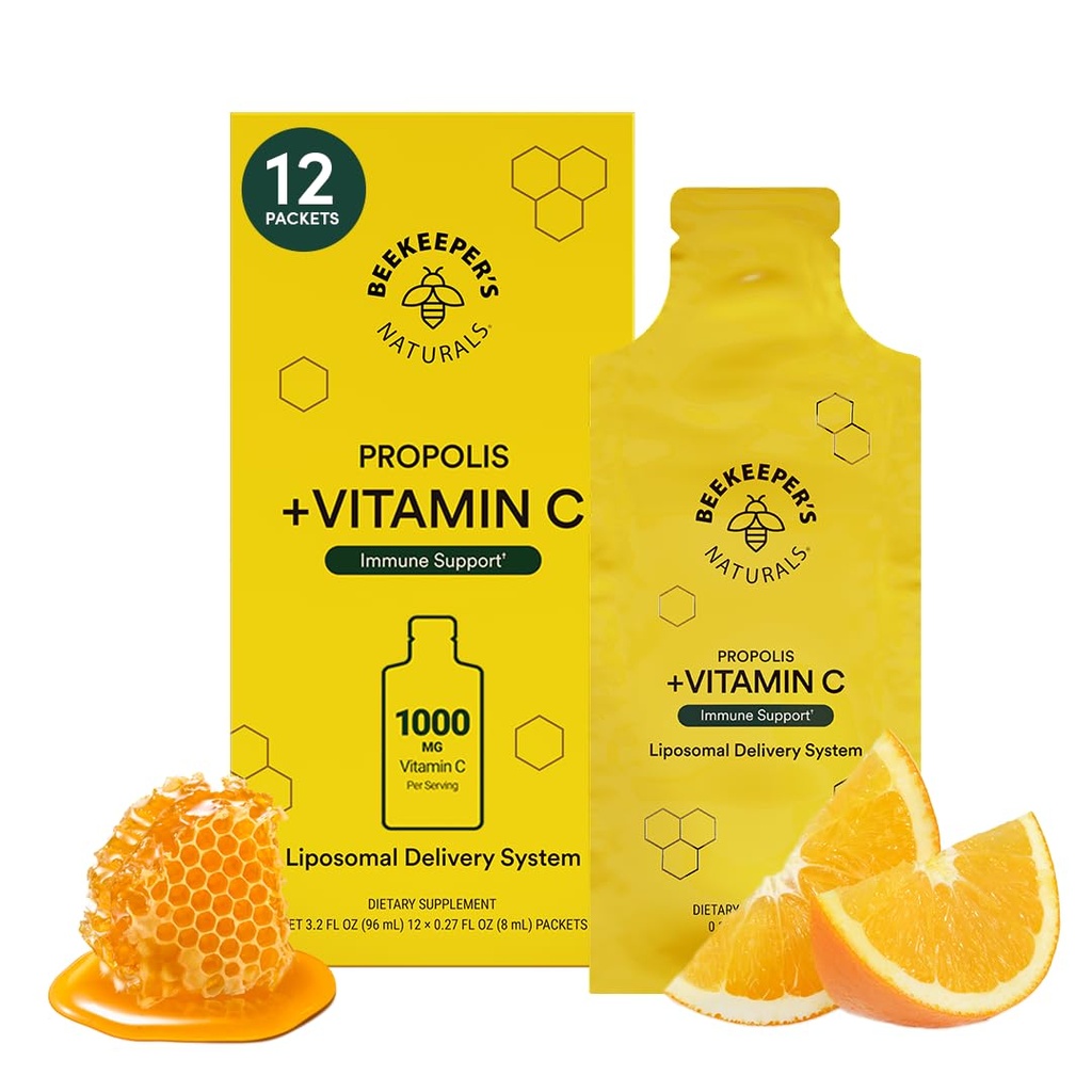 Propolis Liposomal Vitamina C por Beekeeper's Naturals, 1000mg Vitamina C, Propolis &amp; Organic Honey, Supercharged Immune Support &amp; Aumento de Bioavailibity for Max Absorption, 12 Ct