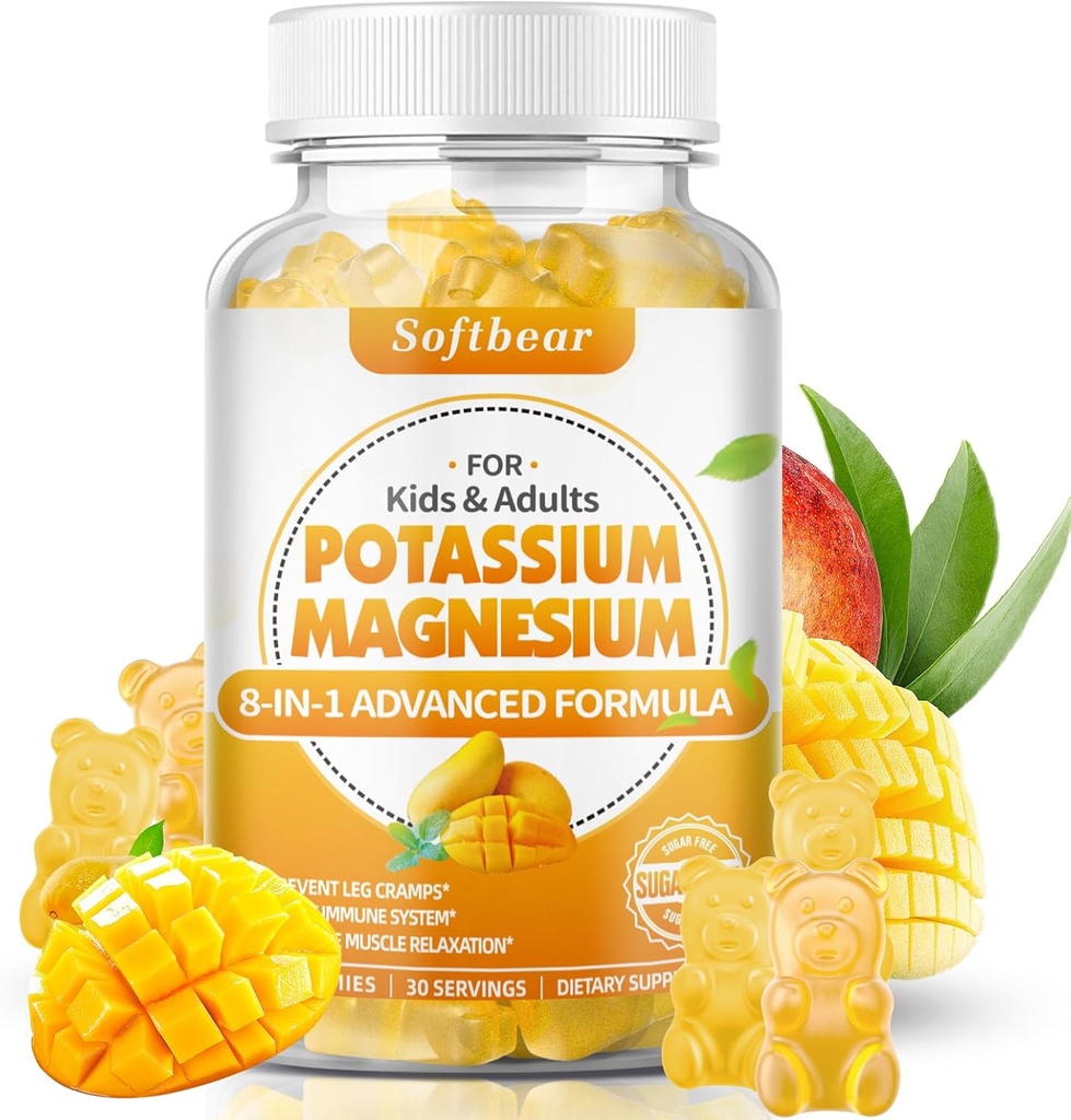 softbear Potasio Magnesio Gummies para Mujeres, Calcio Magnesio Potasio Suplementos con Vitaminas Citrato de Potasio Libre de Azúcar Gummies Apoyo Muscle Health, Mango Flavor 60 Conde