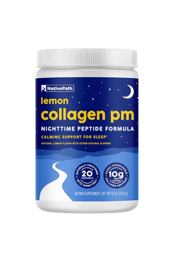NativePath Collagen PM - Lemon Nighttime Collagen Peptides Polvo con Magnesio, GABA, L-Theanine y Melatonin - 20 Servimientos