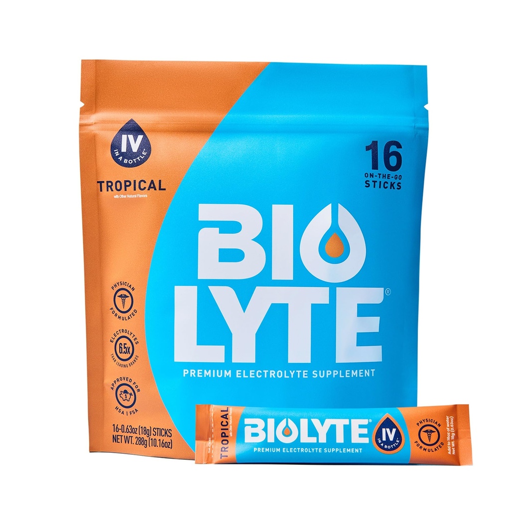 BIOLYTE IV Electrolyte Powder Packets, IV Liquid Drink Mix for Water, Doctor-Developed Hydration, HSA & FSA Aprobado Dehydration Relief, Chemotherapy Must Haves for Women &amp; Men - Tropical (16 Sticks)