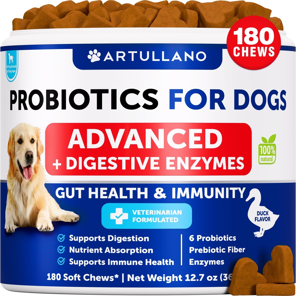 Probióticos para perros - Apoyo Gut Health, Itchy Skin, Alergías, Inmunity, Yeast Balance - Probióticos para perros y enzimas digestivas con prebióticos - Reducir la diarrea, Gas - 180 Chews probióticos para perros