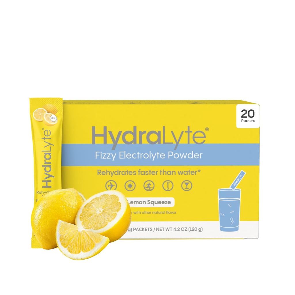 Hydralyte Shay Mitchell Rehidratación rápida de azúcar baja - Ligeramente Sparkling Electrolyte Powder Packets, Lemon Squeeze ← Travel Essential - Workout Essential - Recovery Powder (18 Conde)