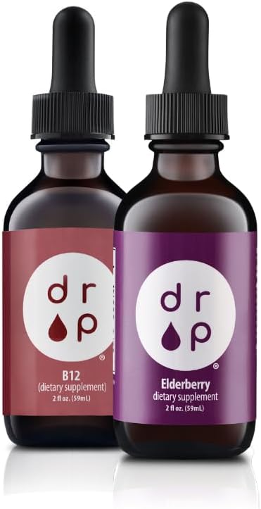 Suplementos de gotas de arándano líquido y colchoneta de gotas de vitamina B12
