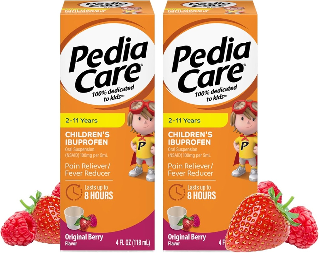 Niños Ibuprofeno Suspensión Oral Líquida, Alimentador de Dolor Infantil + Reductor de Fiebre, Edades 2-11, Berry Flavor, 4 fl oz (2 Pack)
