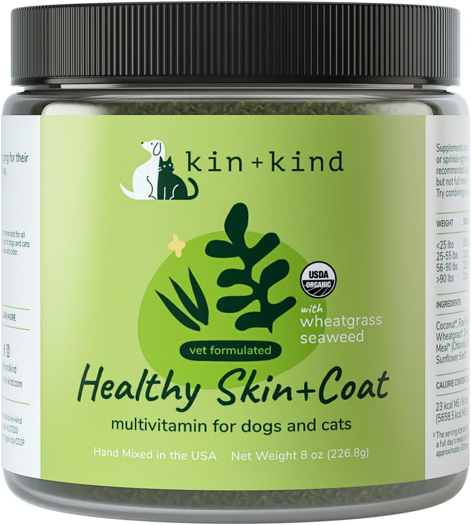 [BRSWGZYRCR7Q4CDZ] kin+kind Multivitamina orgánica para perros & gatos - Suplemento de mascotas para la piel sana y la carne - Seguro, Fórmula natural con Wheatgrass, Kelp, Seaweed y Coco - Made in USA - 8 oz (Large)