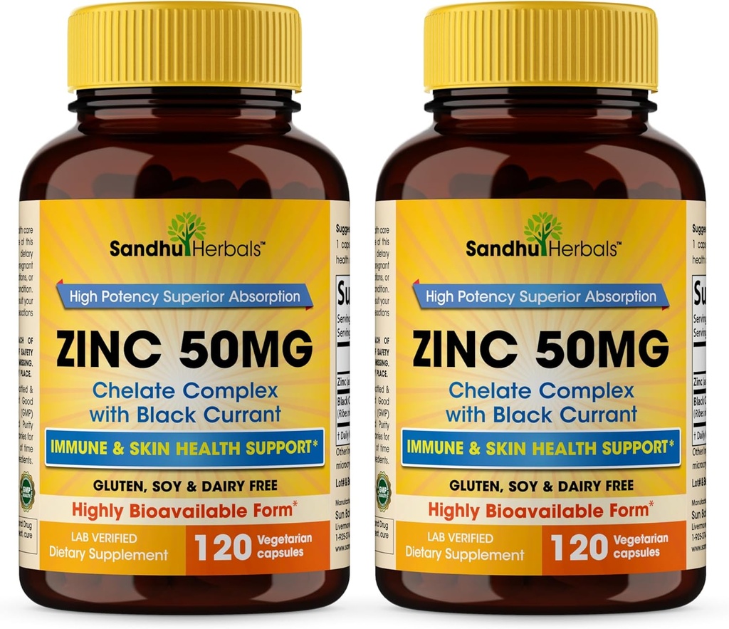 Sandhu Herbals Zinc 50mg Suplemento para Hombres " Mujeres sometidas Alta Absorción Complejo de Monomethionina con Currante Negro 120 Capsules (Pack of 2) Vida Zink Suplementos para Immune, Acne " Antioxidant Support