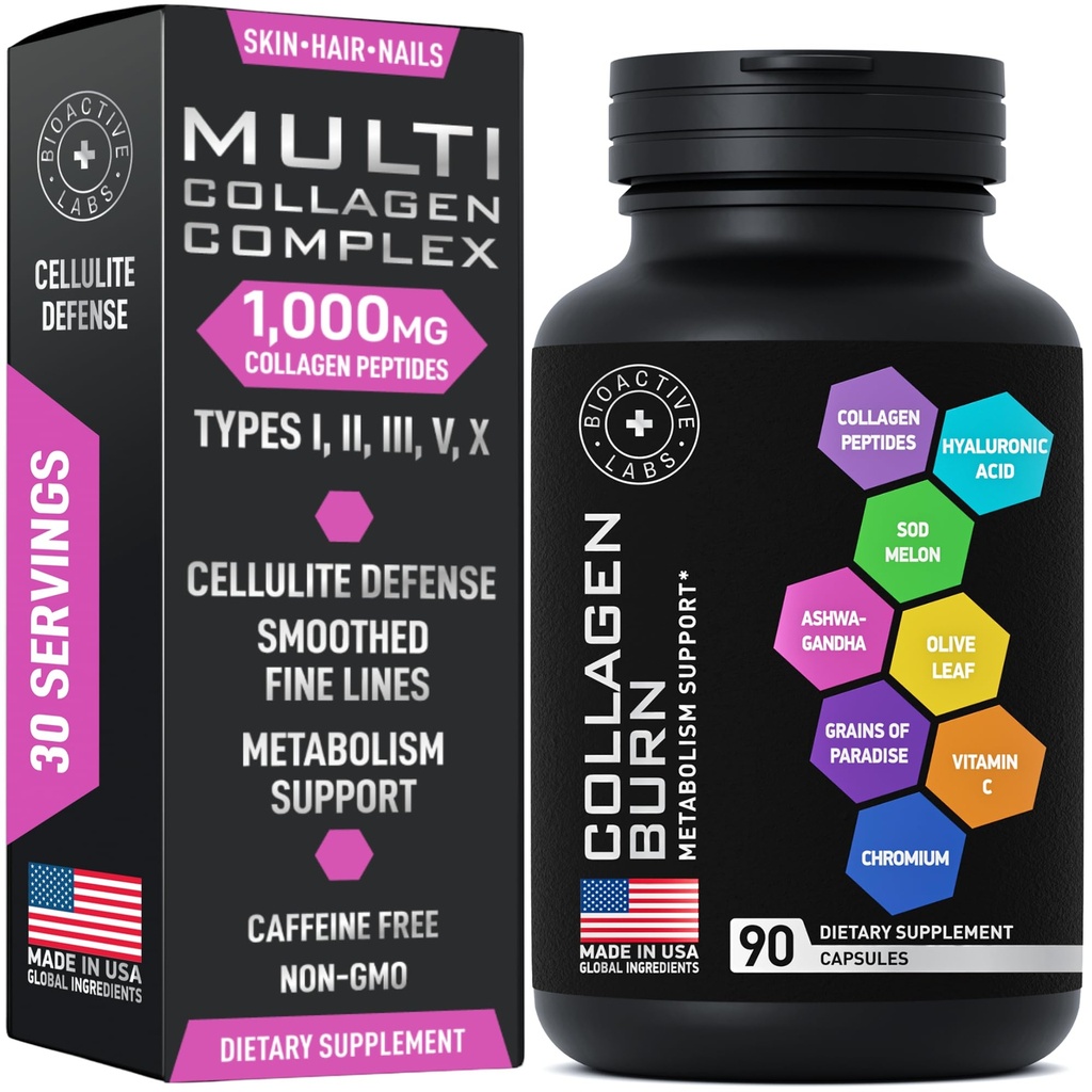 Colágenos multi colágenos - Advanced Type I, II, III, V, X Hidrolyzed Collagen Peptides Plus Ácido Hialurónico - Metabolismo, celulitis, piel, cabello, uñas Soporte - 90 cápsulas colágenas de quemado