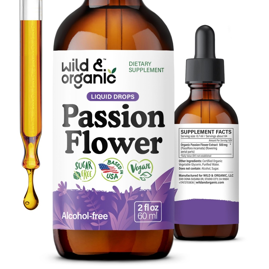 Tintura de Flores de Pasión Orgánica - Relajando las gotas de flores de Pasión para Mujeres - Liquid Passiflora Encarnata Herb - Vegan, Azúcar &amp; Alcohol-Free Extract Suplemento - 2 fl oz