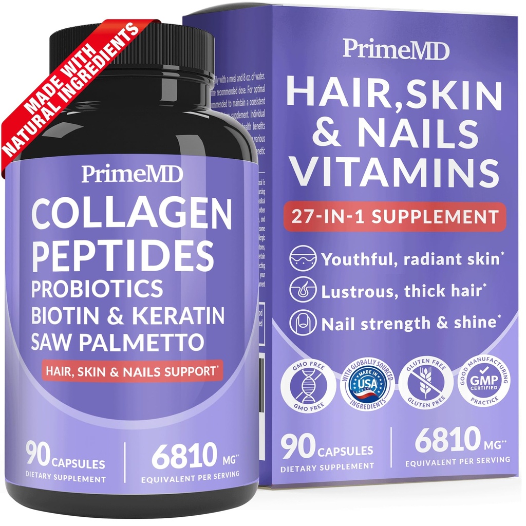 27-en-1 Peluquería y uñas Vitaminas (6810mg) con Biotina 10000mcg - Suplementos de colágeno para hombres y mujeres - suplementos de queratina con probióticos y Saw Palmetto, 90ct