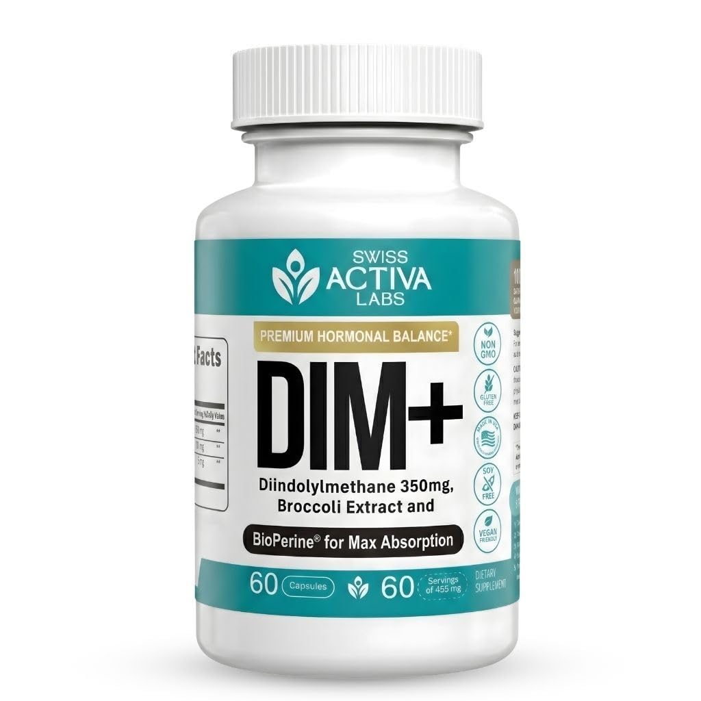 Swiss Activa+ Labs DIM Suplemento – Nueva Fórmula – Equilibrio hormonal para Mujeres y Hombres – Suplemento Estrógeno para Mujeres y Hombres– apoya los síntomas de acné hormonal y menopausia – 60 días de suministro