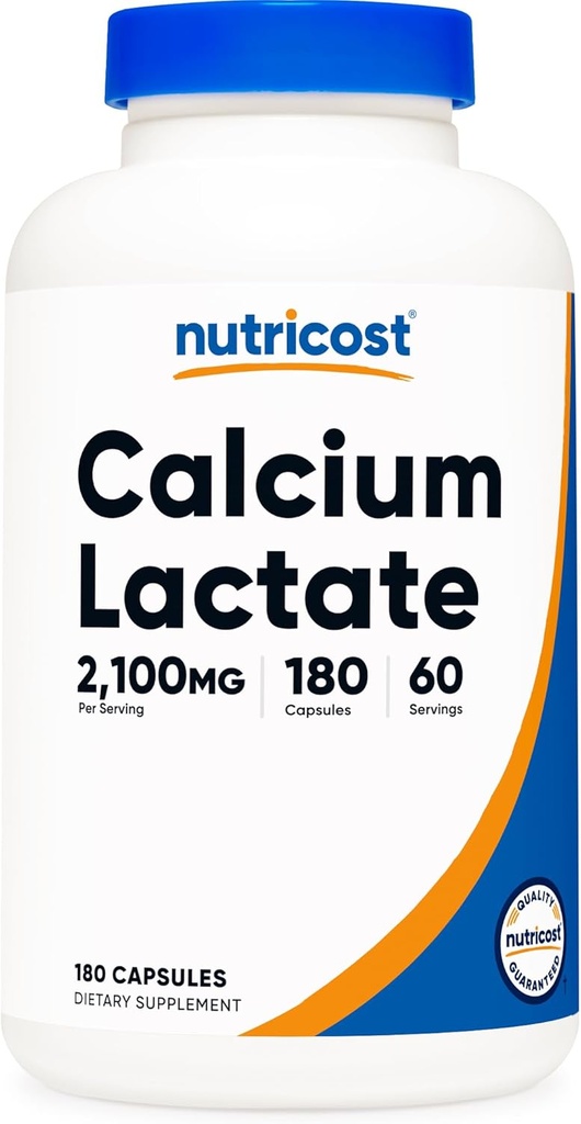 Nutricost Calcium Lactate 2,100mg; 180 Capsules - Vegan, No GMO y Gluten Gratis, 60 Serviciones