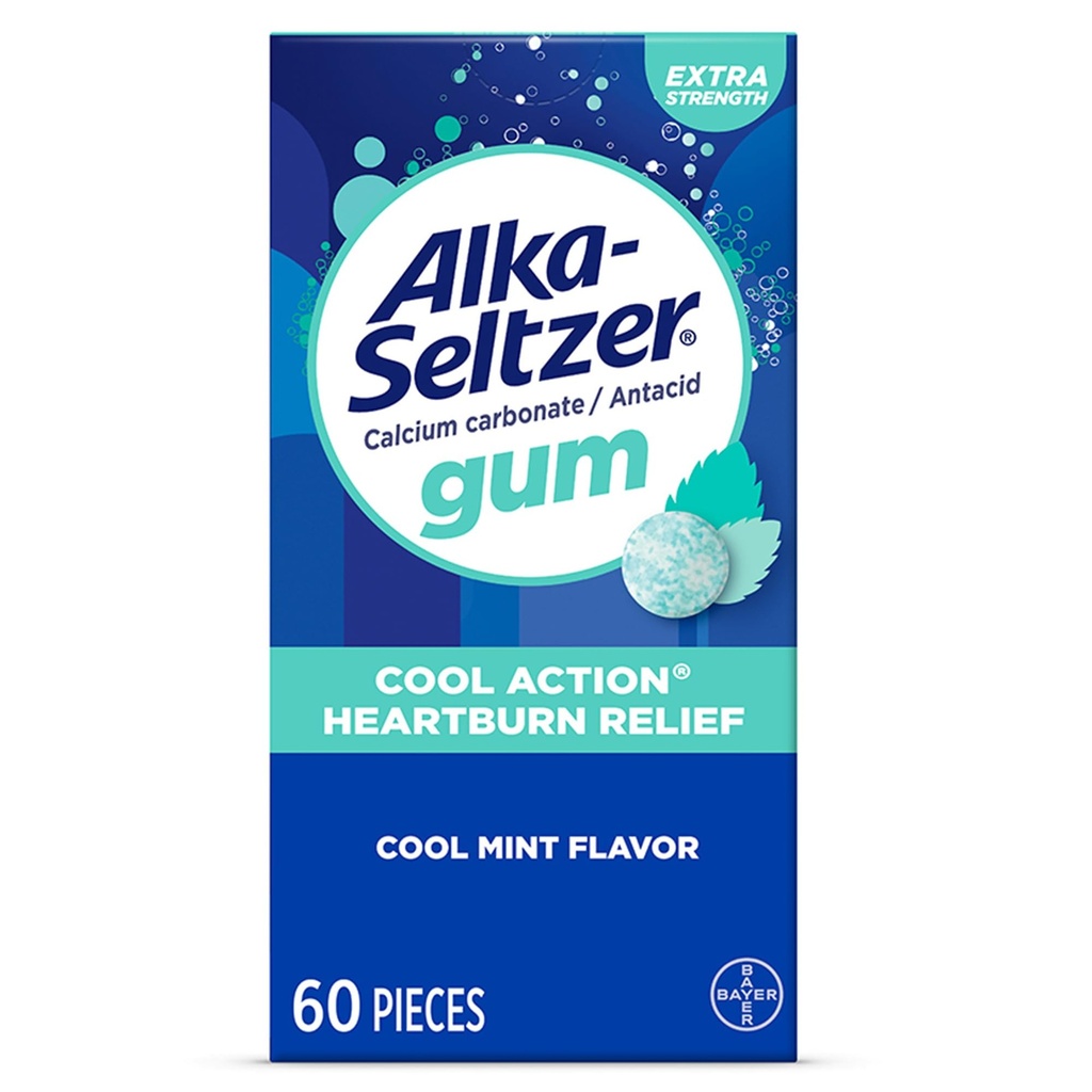 Alka-Seltzer Cool Action Heartburn Relief Gum, Extra Strength Antacid Gum, Acid Indigestion and Upset Stomach Relief, No Chalky Taste, Cool Mint Flavor, 60 Conde