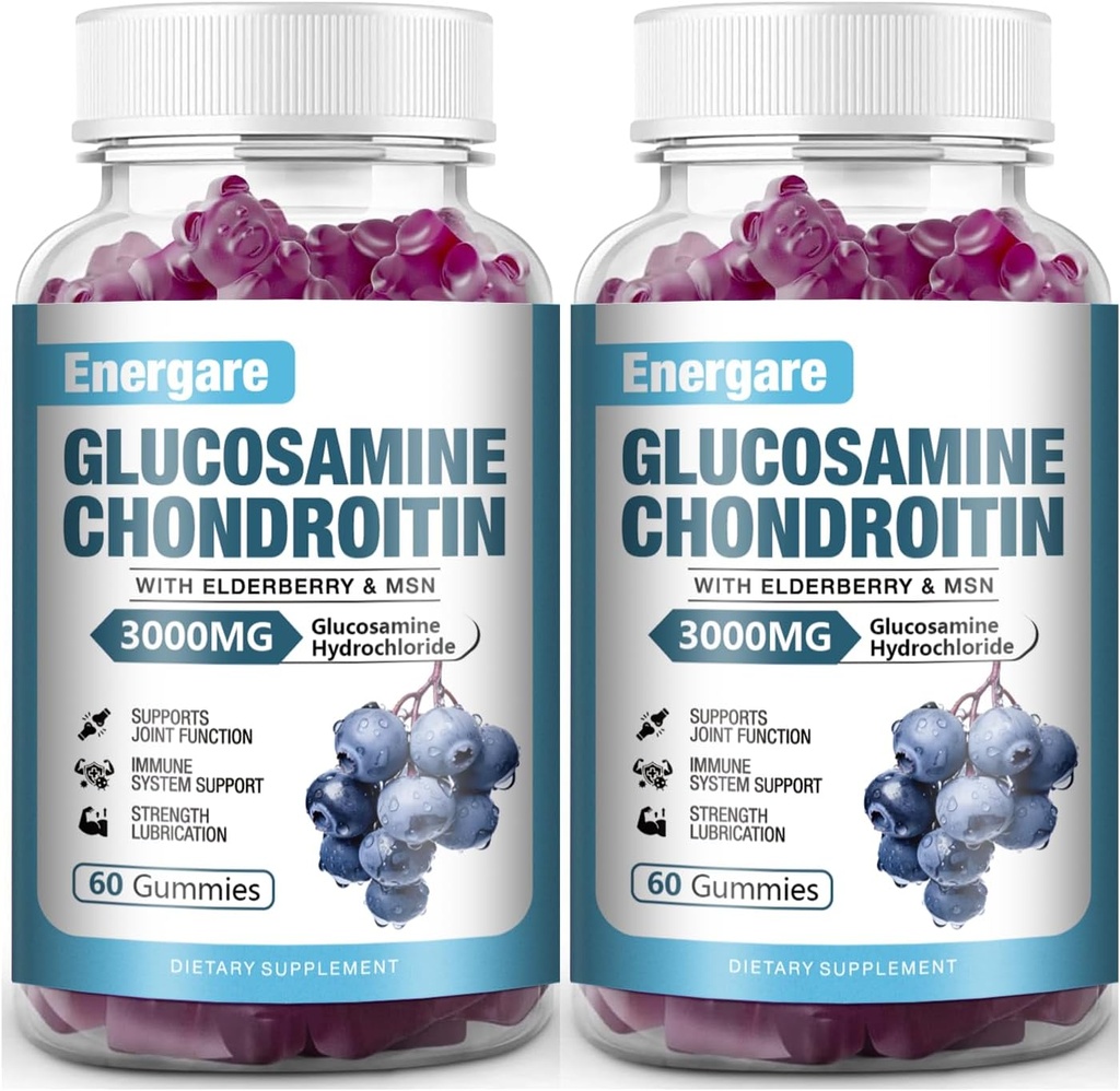 2 Pack 3000mg Glucosamine Chondroitin with MSM Gummies & Elderberry, Extra Strength Joint Support Salud, Flexibilidad, Antioxidante, Immune Supplement Gummy for Adults, Men &amp; Women 120 Counts