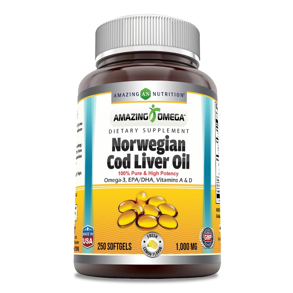 Amazing Omega Norwegian Cod Liver Oil 1000 Mg 250 Softgels ← Lemon Flavor