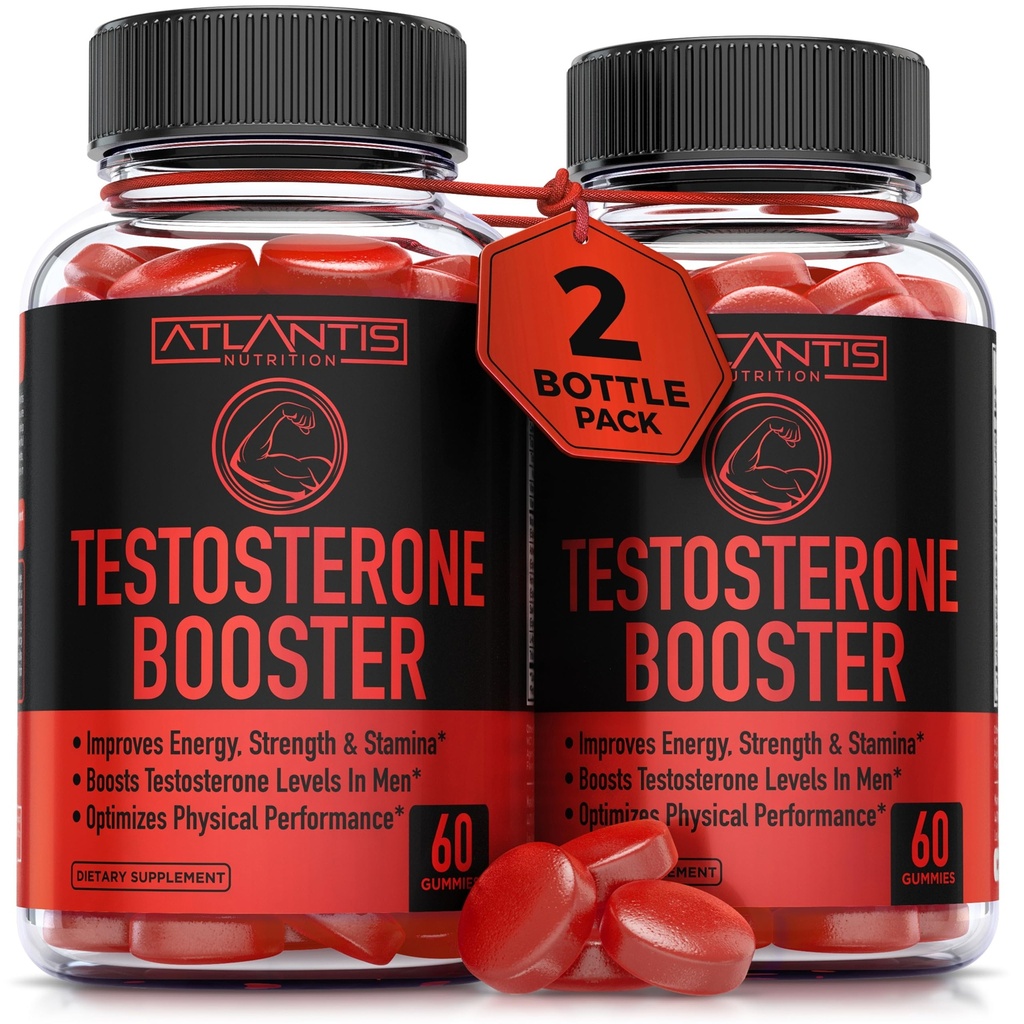 Atlantis Nutrition Testosterone Booster Gummies For Hombre - Enhances Strength &amp; Stamina - Optimizes Performance &amp; Male Enhancement - Made with Tribulus, Horny Goat Weed, Maca Root ← 2-Pack (120 Gummies)