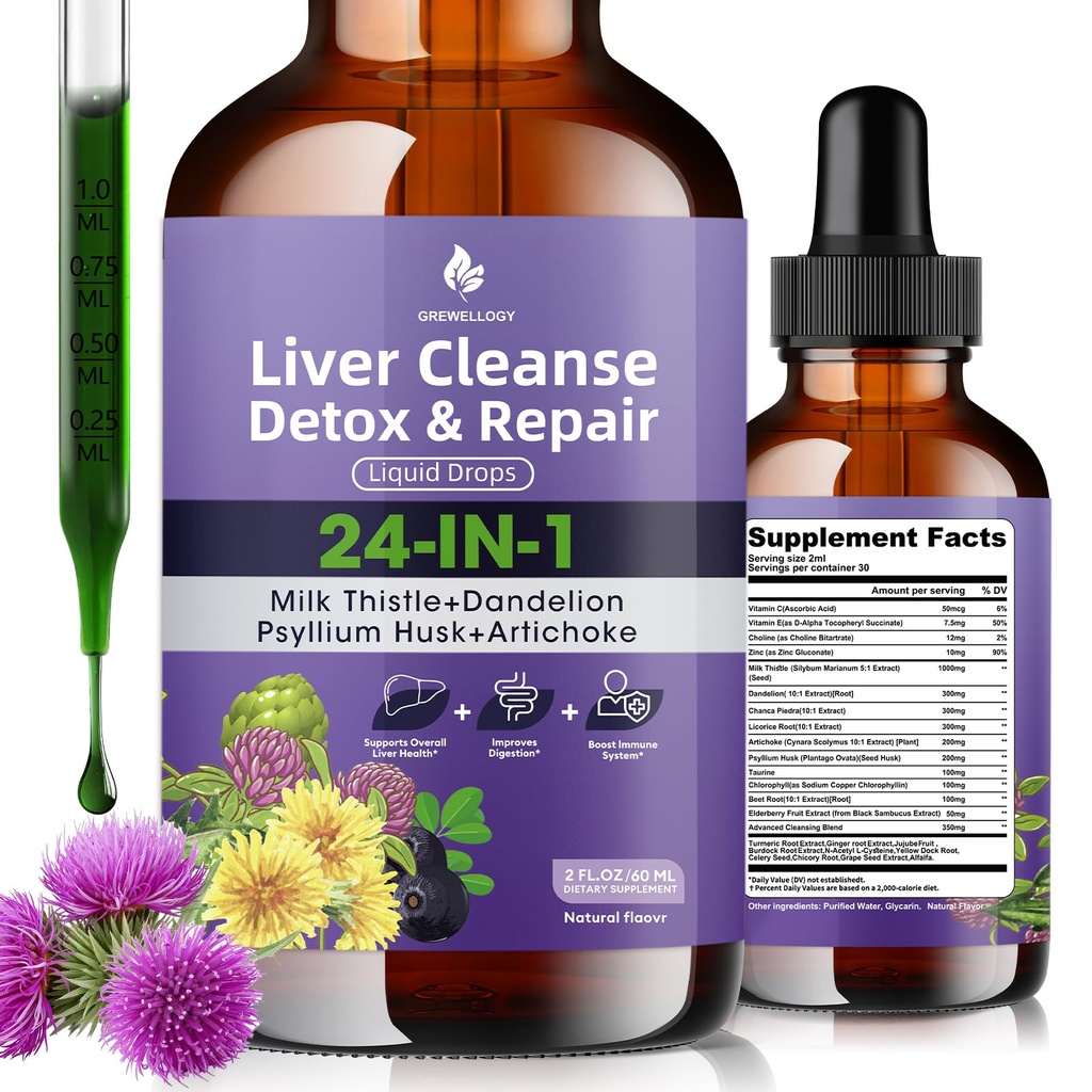 Detox " Reparación de gotas líquidas - Leche Thistle, Dandelion, Psyllium Husk " Suplemento de Artichoke para la salud del hígado " .
