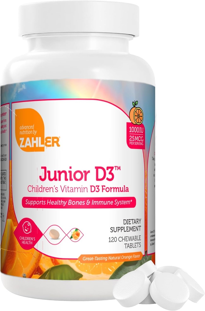 Zahler Junior D3 Vitaminas 1000 UI - para niños - Vitamina D para niños para apoyar el hueso, dientes & salud inmunitaria - Kosher Orange Flavor - 120 Cuenta.