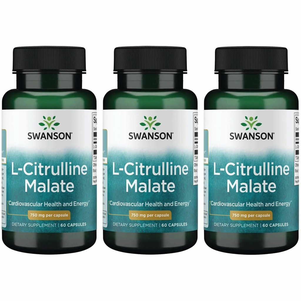 Swanson L-Citrulline Malate - Suplemento Aminoácidos Promoción de la Producción de Energía " Circulación de Sangre Saludable - Fórmula Natural Apoyo Wellness Global - (60 cápsulas, 750 mg cada uno) (3 Pack)