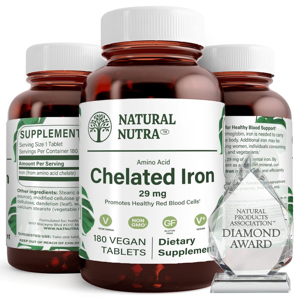 Natural Nutra Chelated Iron Suplemento para Hombres &amp; Mujeres, Salud de uñas, promueve la absorción óptima, ayuda a mejorar el nivel de hierro, mantener la fusión corporal, ayuda a mejorar el crecimiento del cabello, la salud de la piel, 180 tabletas