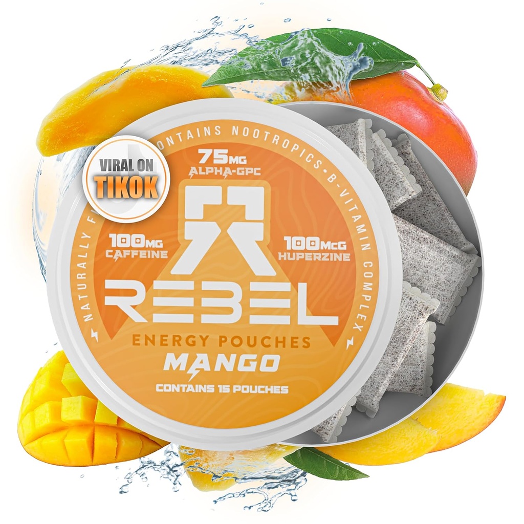 Pouches de cafeína de energía nootrópica • 100 mg de cafeína • Alfa GPC • Huperzina A " Vitaminas esenciales • Sin azúcar • Tecnología de fibra de coco • Sabor de mango • 15 bolsas por can (Pack of 1)