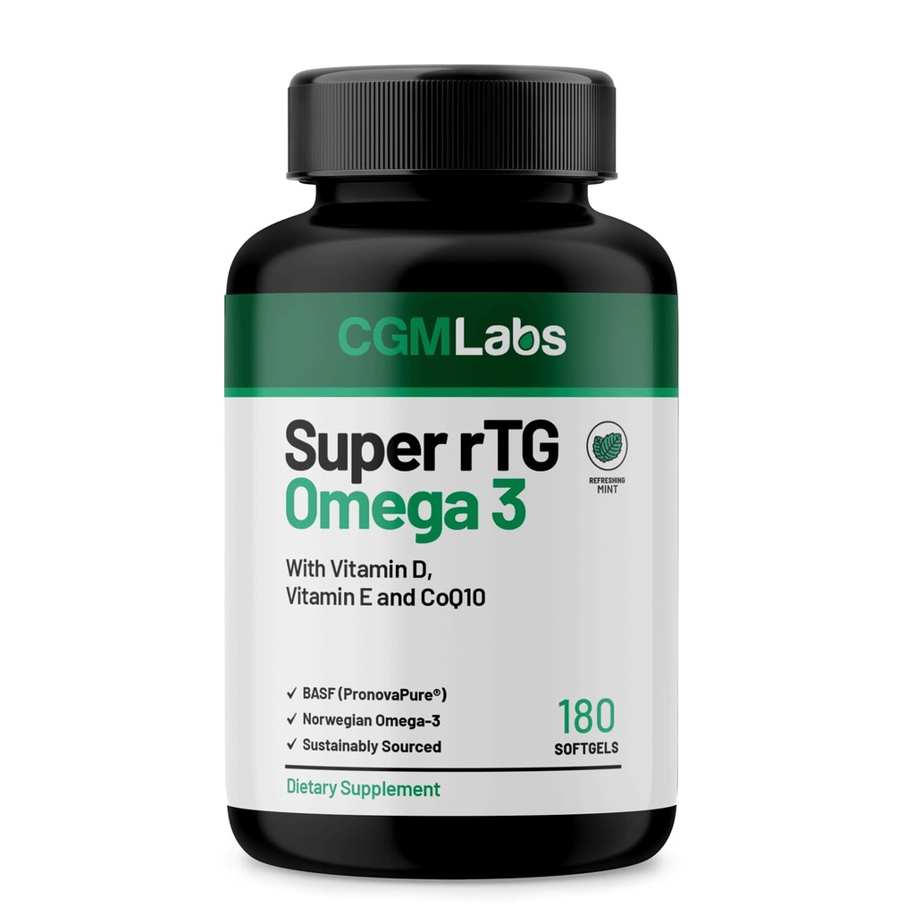 rTG Omega 3 Norwegian Fish Oil with CoQ10 Dietary Supplement- Heart Health & Antioxidant Support with Vitamins D &amp; E – 2000 mg Fuente sostenible – Super rTG Omega 3, 180 Softgels by CGM Labs
