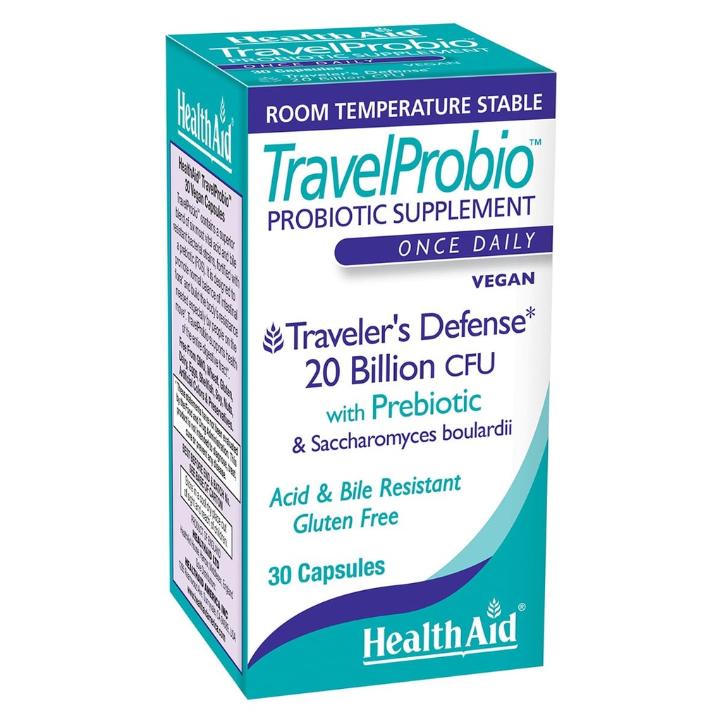 HealthAid TravelProbio 20 Billion CFU Probiotic – Saccharomyces boulardii + Prebiotic (FOS), Acid " Bile‐Resistant – Once‐Daily Vegan, Gluten‐Free, Room‐Temp Stable – Travel Digestive Support