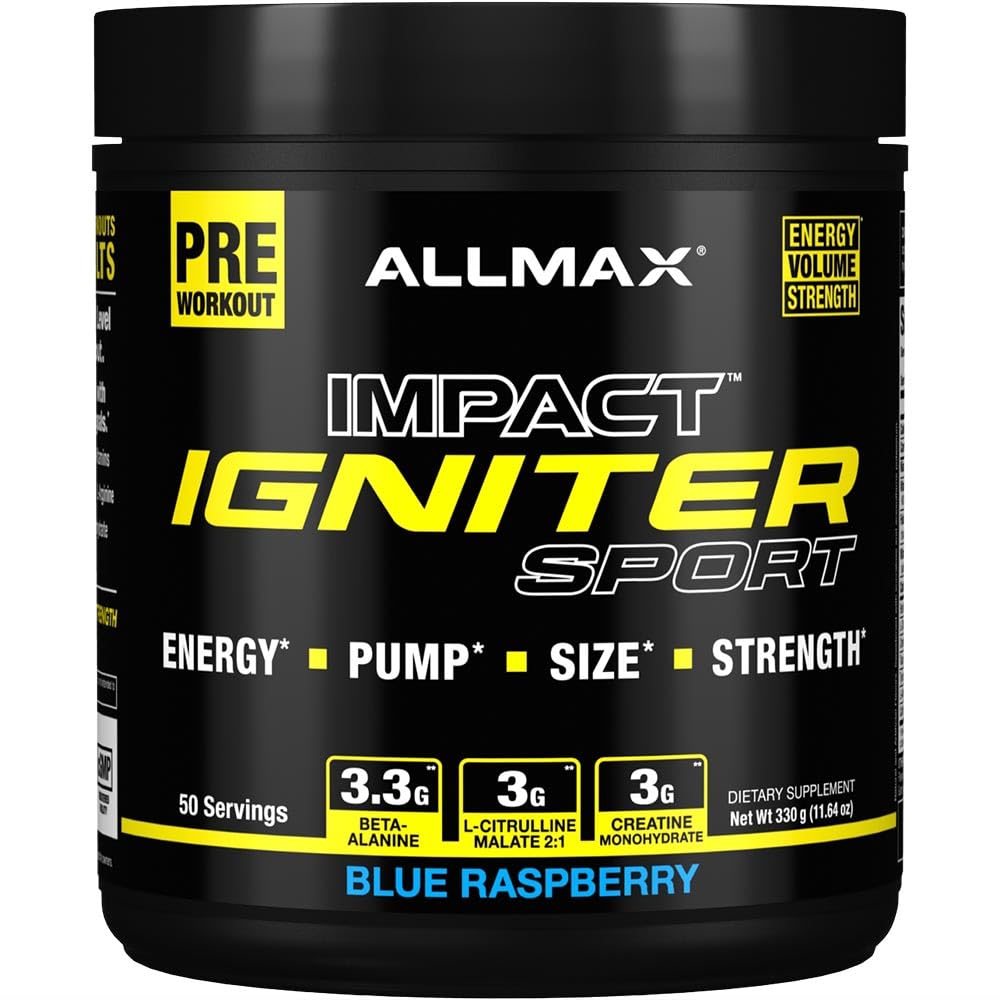 ALLMAX IGNITER Sport, Blue Raspberry - 330 g - Pre-Workout Formula - con Caffeine, L-Citrulline, L-Arginine, Creatine & Beta Alanine - Hasta 50 Servings