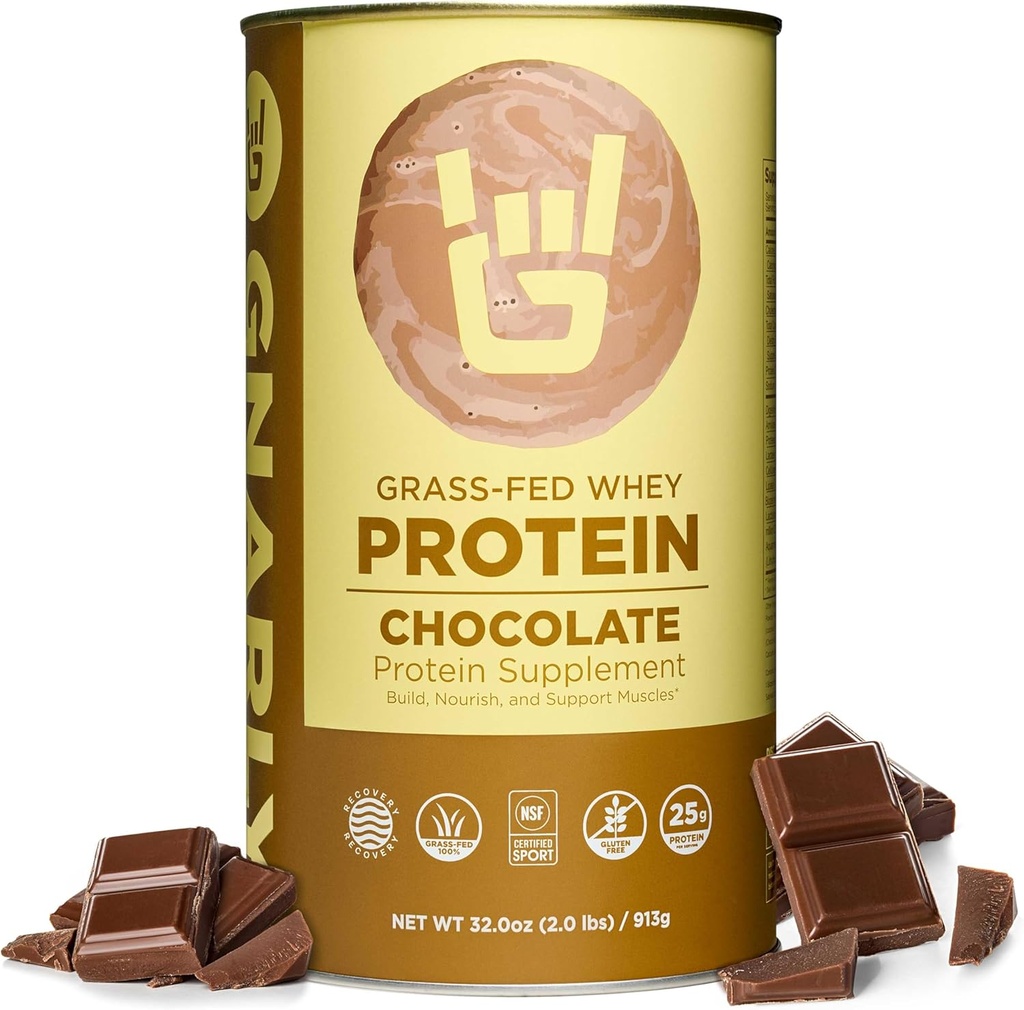 Gnarly Nutrición Chocolate Protein Powder – NSF Sport Certified – 25g Proteína, Reparación muscular – Grass Fed Whey Powder, Sabor Smooth – Chocolate, 32 oz