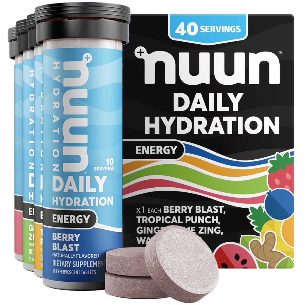Nuun Energy Electrolyte Tablets with Ginseng, Caffeine from Green Tea Extract, Vitamin B12, B6, B5, Magnesium < 4 Otros electrolitos, Gluten Free > Vegan, Mixed Flavors, 4 Pack (40 Servings Total)