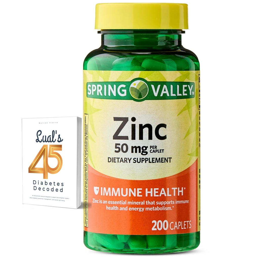 Spring Valley Zinc 50 mg, 200 Conde, suplemento dietético Caplets para la salud inmunitaria, suplementos de inmune, paquete con 45 diabetes de Lual decodificado
