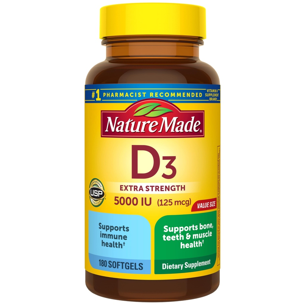 Nature Made Vitamina D3 5000 UI (125 mcg) Softgels, Extra Strength Vitamin D Suplemento para Bone e Immune Health Support, 180 Conde, 180 Day Supply