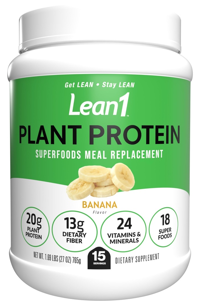 Lean1 Polvo de proteína de base vegetal, sustitución de la comida, sabor de plátano, 15