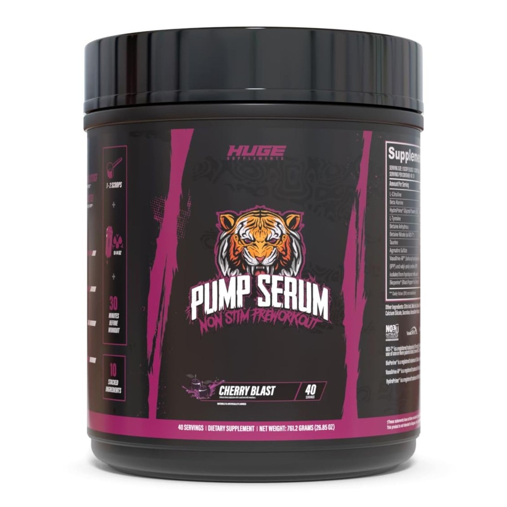 Suplementos enormes Pump Serum, Stim Free Pre Workout y Nitric Oxide Booster to Enhance Focus, Pumps, Fulness with No Caffeine, L-Citrulline, GlycerPump, L-Tyrosine, Nitrosigine (Cherry Blast)