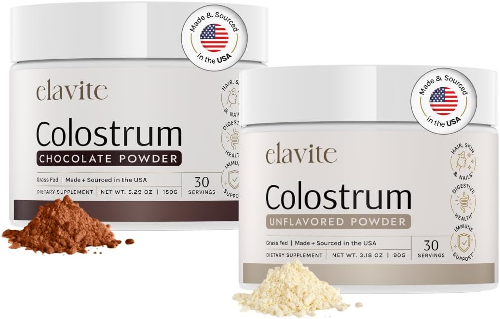 Bovine Colostrum Powder (60 Servings) Bundle Grass Fed Colostrum for Women & Men - Suplemento para el cabello saludable, Skin & Nails - Chocolate & Unflavored - Hecho en USA