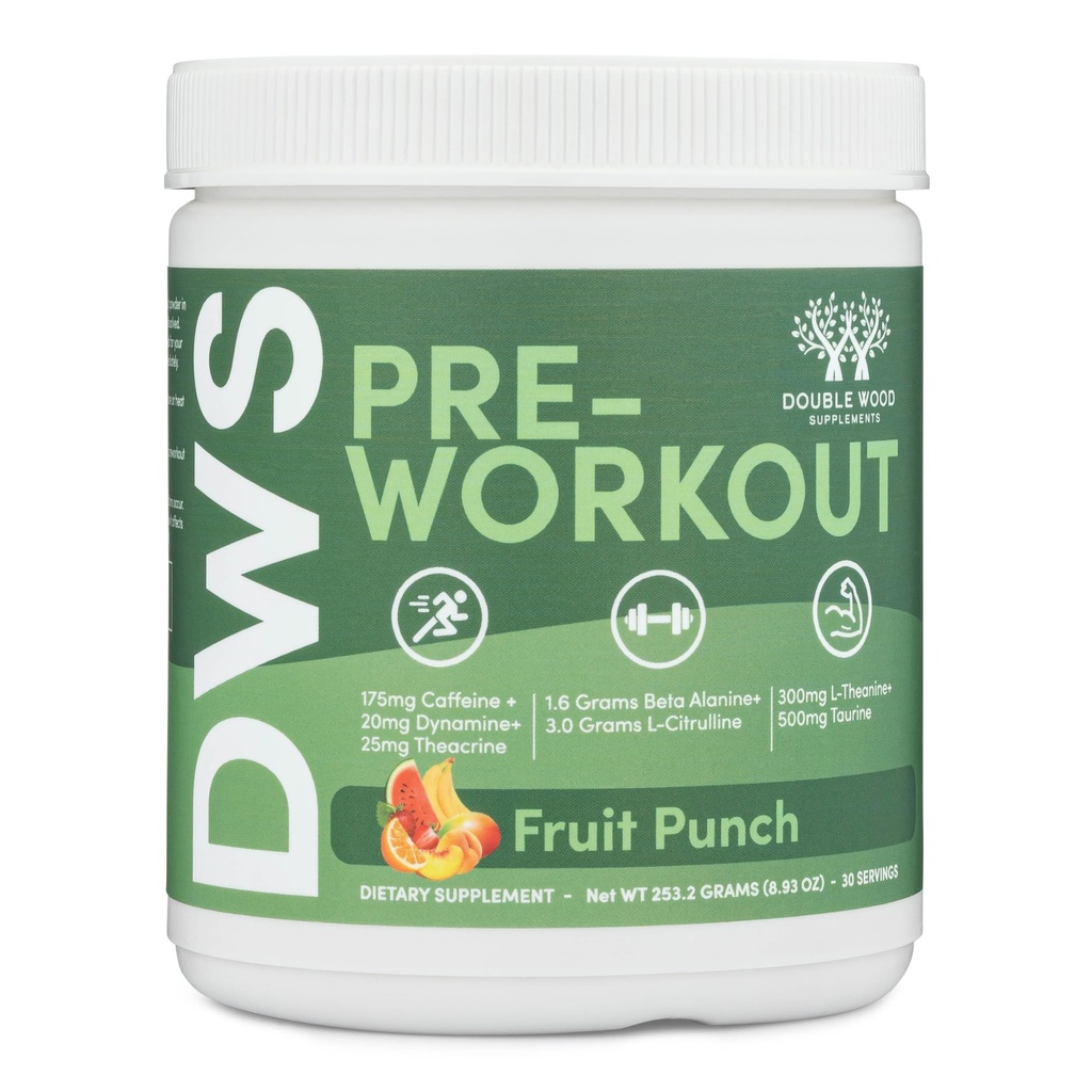 Pre Workout Powder for Men &amp; Women (30 Servings of Caffeine, Beta Alanine, L-Citrulline, Dynamine, L-Theanine, Taurine, Theacrine, &amp; More) Preworkout Powder with Scoop by Double Wood (Fruit Punch)