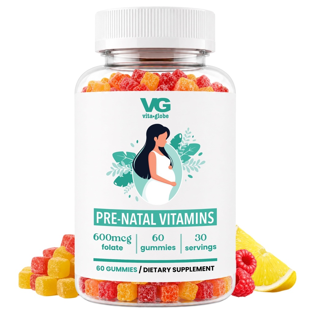 VITA GLOBE Prenatal Fish Oil Gummy Vitaminas - Mujeres Multivitamínico para el crecimiento saludable y el desarrollo del cerebro con vitamina A, D E, B6, Folate y Biotina, 60 Cuenta