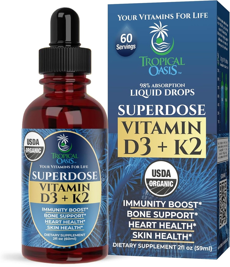 USDA Vitamina Orgánica Líquida D3 K2 gotas para adultos Superdose 8000IU Pura Vitamina D3 Silencio 60 Serv Silencio Vitamina D K2 Suplemento para el Apoyo Inmunitario & Bone Health  98% Absorption  Vegan, Non-GMO Silencio 2 Fl Oz