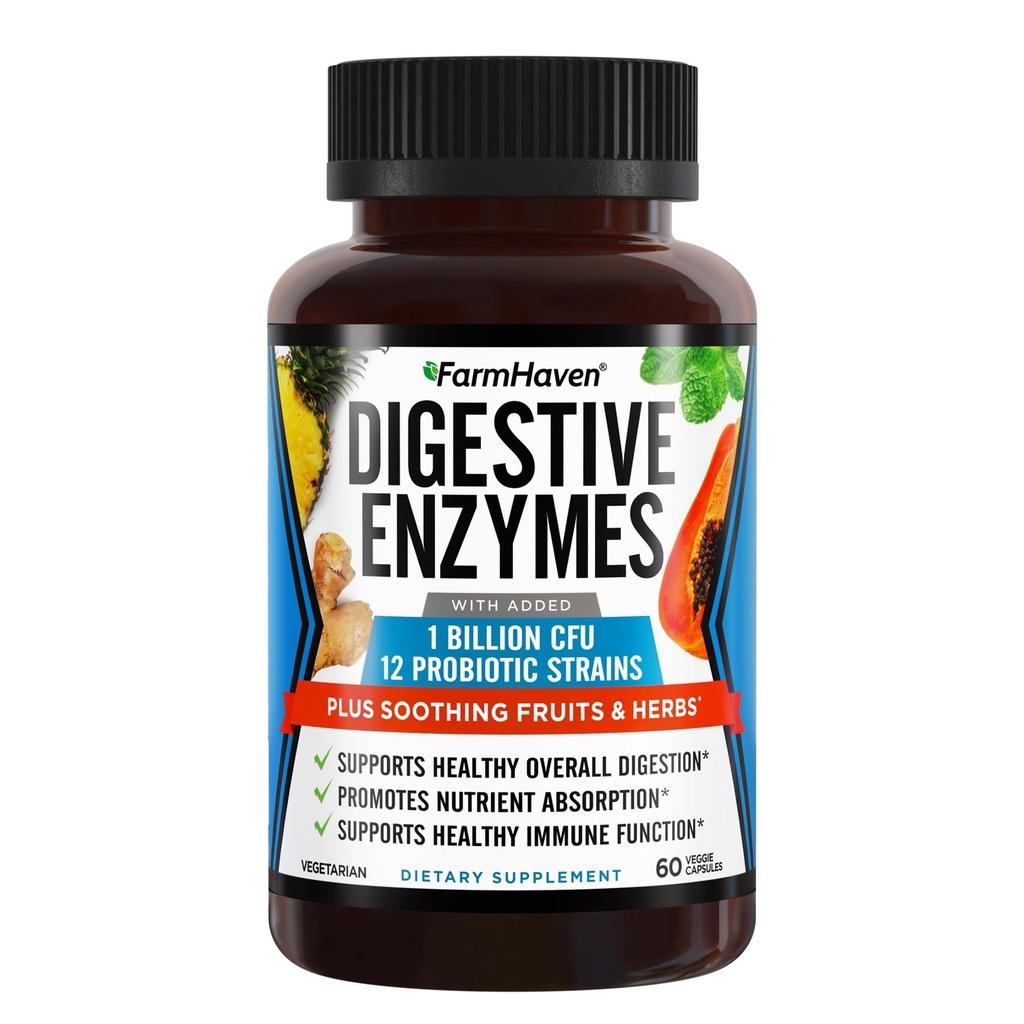 FarmHaven Digestive Enzymes with 18 Probiotics & Herbs peru Papaya, Bromelain, Protease &amp; More for Lactose Absorption " Better Digestion ¦ Helps Bloating, Gas, Constipation ¦ Vegetarian, 60 Capsules