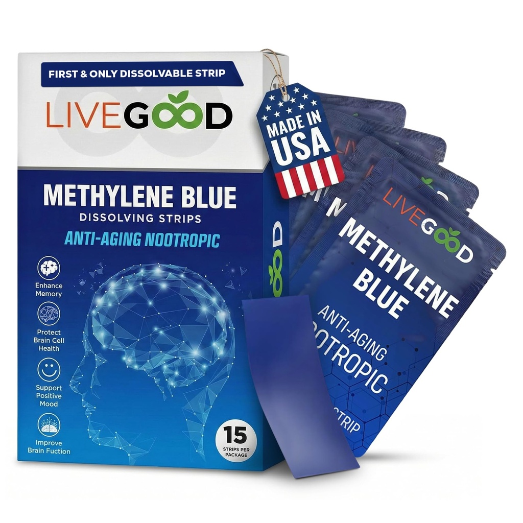 LIVEGOOD Metileno Azul – Metileno Azul para los seres humanos, Suplementos cerebrales para la memoria y el foco, Claridad & energía cognitiva, Apoyo cerebral nootrópico, Hecho en EE.UU., 15 tiras orales con 20 mg