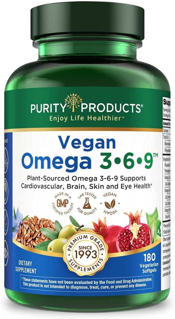 Purity Products Vegan Omega 3-6-9 Fórmula - "5 en 1" Complejo de ácidos grasos esenciales - Formulado científicamente Omega base vegetal 3 6 9 ácidos grasos esenciales (EFA) - 3 Mes de suministro - 180 Softgels