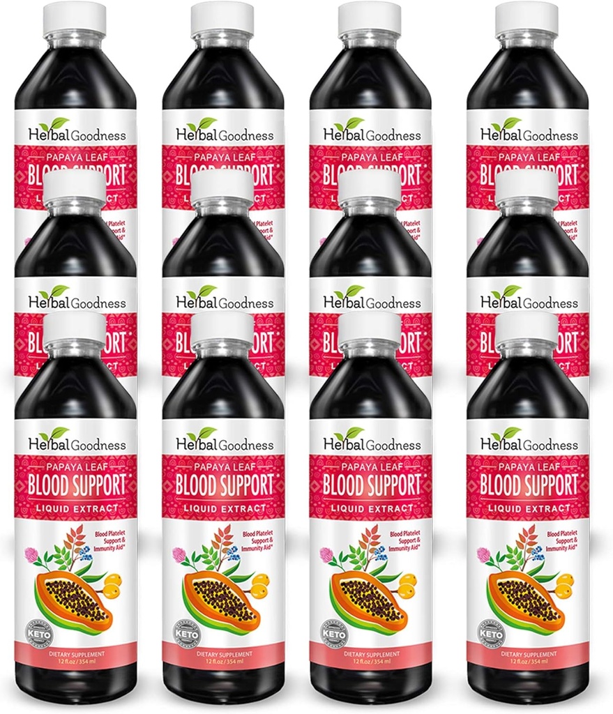 Papaya Leaf Blood Support Liquid - 15X Strength - Papaya Leaf Extract - Plaquetas saludables, Saneamiento, Digestión, Papaya Enzyme - 12(12oz) Botellas Liquid - Herbal Goodness - Hecho en EE.UU.