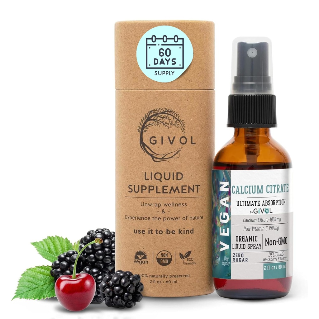 Calcio líquido citrato 1000mg &amp; Vitamina cruda C 150mg Líquida de esparcimiento para absorción óptima, cereza silvestre " BlackBerry Flavor, suplemento de calcio, no GMO, sin gluten, sin azúcar 2oz (60ml)