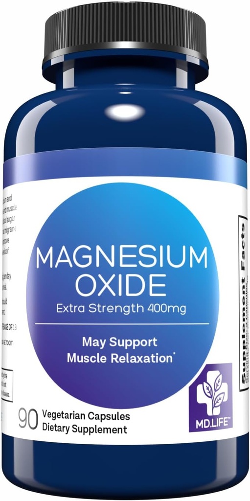 MD. Life Magnesium Oxide 400mg Capsules - High Absorption Magnesium Supplement for Leg Cramps, Sleep & Vascular Health - 90 Capsules - Non-GMO Pills for Women