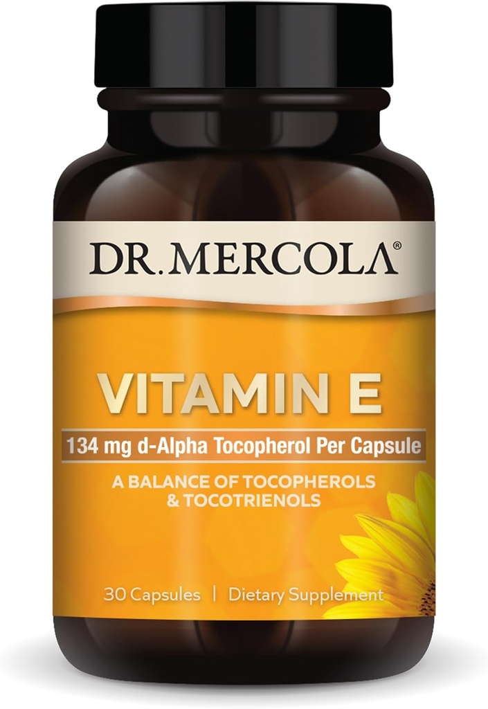 Dr. Mercola Vitamina E - Apoya la piel sana y el estado antioxidante - Tocopherols and Tocotrienols Blend - Non-GMO, Gluten-Free & Soy-Free - 30 cápsulas (30 servidos)