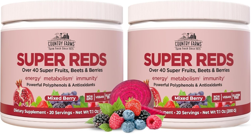 COUNTRY FARMS Super Rojos, Superalimentos Polifenoles Energizantes, Más de 40 Super Frutas y Berries, Potentes Antioxidantes y Polifenoles, Apoyo Energía, Apoyo Circulación, 40 Servimientos, Cereza mixta